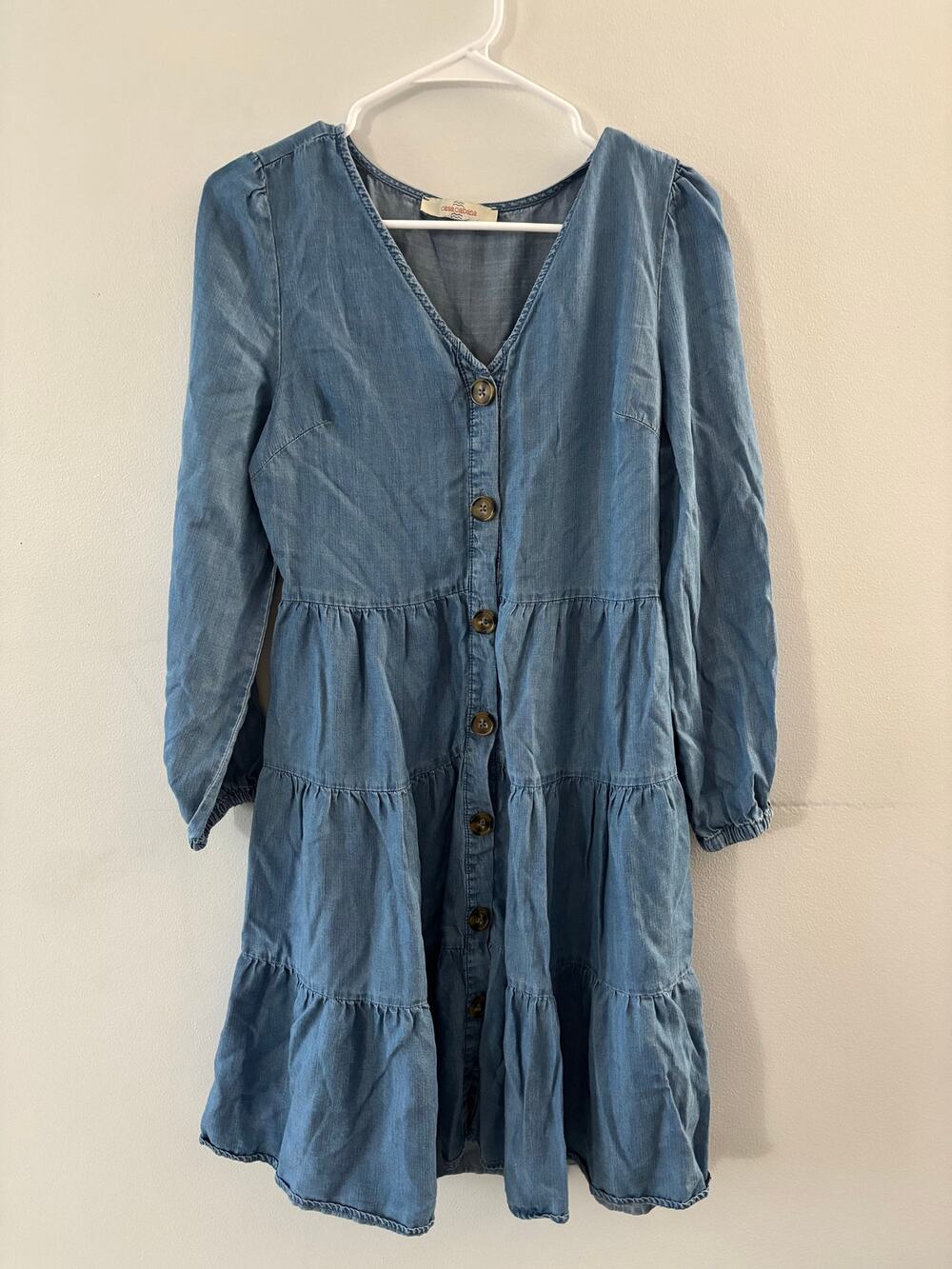 Casa Cabana Womens Chambray Dress XS Cowgirl Western Tiered Boho Long Sleeve